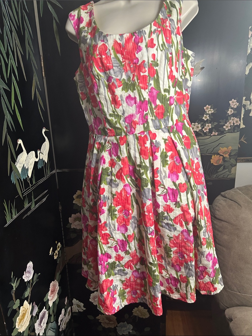 Coldwater Creek Floral Sundress in Pink, Red & Green on Cream